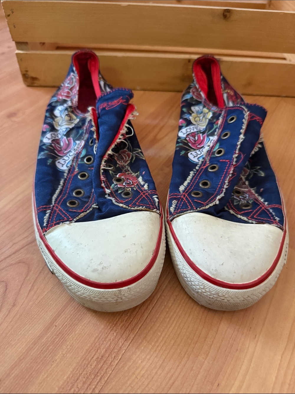 Ed Hardy Navy Blue Sneakers with Red Accents